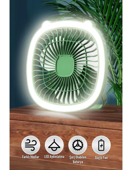 LED Işıklı Sessiz Masa ve Duvar Tipi Fan | USB Şarjlı Mini Kare Vantilatör