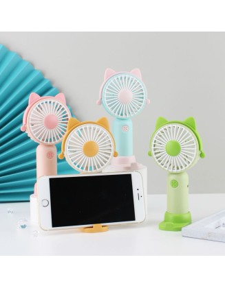 Kedi Kulaklı Telefon Standlı Şarjlı Mini Fan – USB Sessiz Masaüstü El Tipi Vantilatör