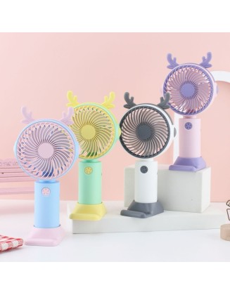 Geyik Boynuzlu Şarjlı Mini Fan – USB Sessiz El Tipi Vantilatör ve Telefon Standı (Renkli Pastel Tasarım)