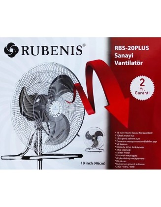 Rubenis RBS-20PLUS 18” Sanayi Tipi Vantilatör – 3 Kademeli, Metal Gövdeli, 90W Güç