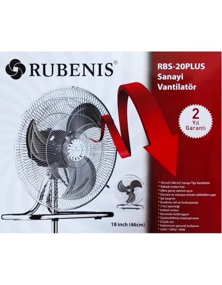 Rubenis RBS-20PLUS 18” Sanayi Tipi Vantilatör – 3 Kademeli, Metal Gövdeli, 90W Güç